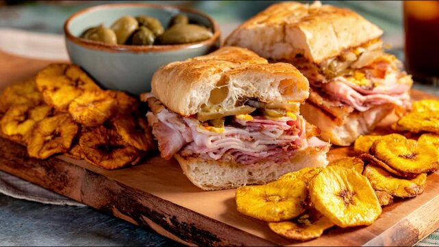 Delicious Cuban sandwich and Plantain chips on a wooden board.