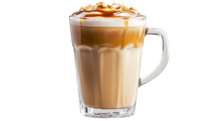 A warm latte macchiato with a swirl of caramel, served in a tall glass with a handle, Transparent background, PNG file