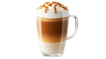 A warm latte macchiato with a swirl of caramel, served in a tall glass with a handle, Transparent background, PNG file