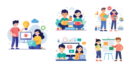 A boy and a Girl studying and learning with books and a computer, Flat design vector illustration with white background