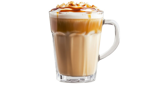 A warm latte macchiato with a swirl of caramel, served in a tall glass with a handle, Transparent background, PNG file