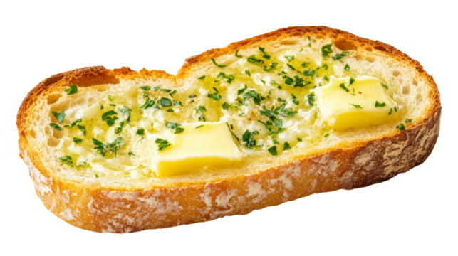 A warm slice of garlic bread with herbs and butter, Transparent background, PNG file