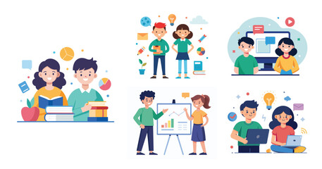 A boy and a Girl studying and learning with books and a computer, Flat design vector illustration with white background