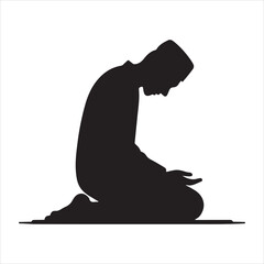 Obraz premium Black silhouette of a person in prayer (Salah), standing with hands folded, on a pure white background 