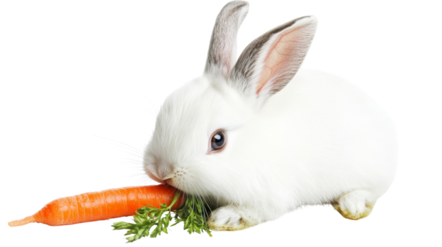 A white bunny with soft fur, sitting and nibbling on a carrot, Transparent background, PNG file
