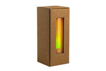 Tall Brown Cardboard Box with Colorful Contents Visible Through Window on Transparent Background, ai generated