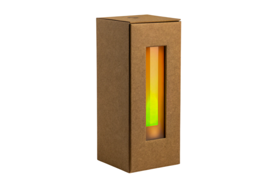 Tall Brown Cardboard Box with Colorful Contents Visible Through Window on Transparent Background, ai generated
