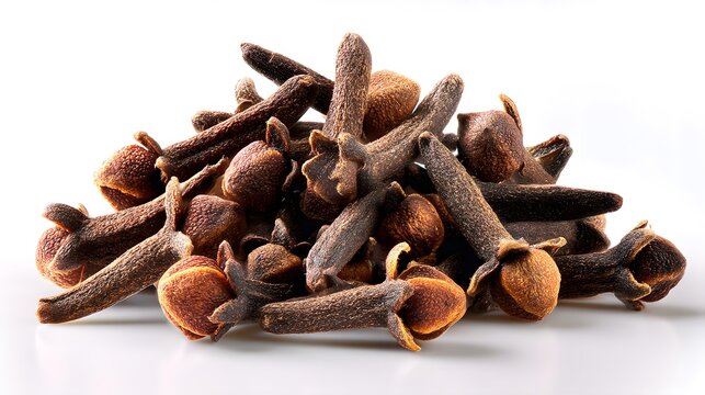 A pile of brown cloves isolated on a white background.
