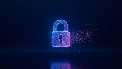 Digital lock symbol in neon blue and pink, representing cybersecurity, data protection, and secure online transactions in modern tech environments