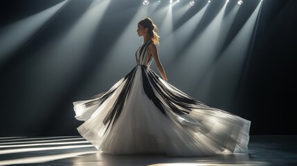 A woman gracefully spins in a long dress featuring black and white patterns. The dramatic lighting enhances her movement, creating a captivating atmosphere during a fashion event