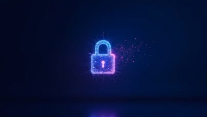 Abstract glowing lock icon with particles dispersing, symbolizing online security, encryption, and digital safety in a futuristic, high-tech style