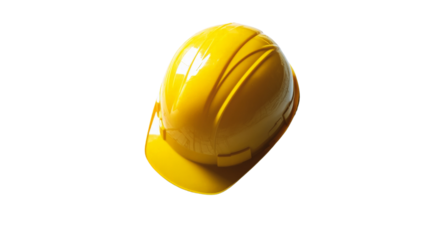 A yellow hard hat resting on a blueprint with construction drawings, Transparent background, PNG file