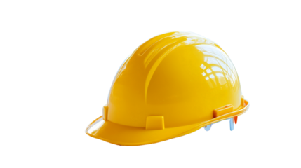 A yellow hard hat resting on a blueprint with construction drawings, Transparent background, PNG file