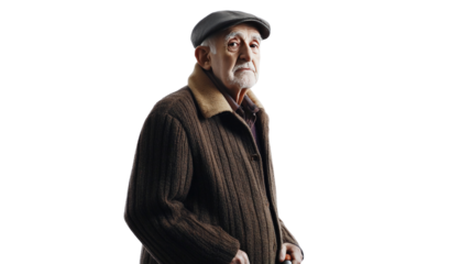 An elderly man using a walking cane, standing confidently, Transparent background, PNG file