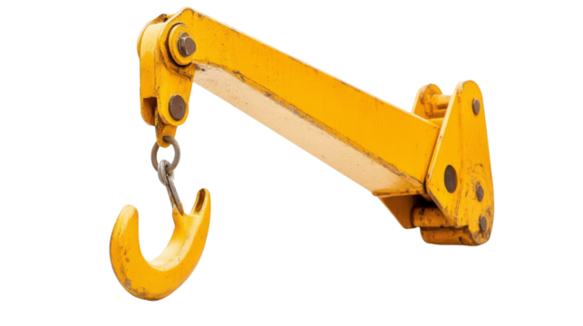A yellow construction crane arm with a hook, Transparent background, PNG file