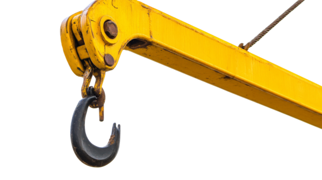 A yellow construction crane arm with a hook, Transparent background, PNG file