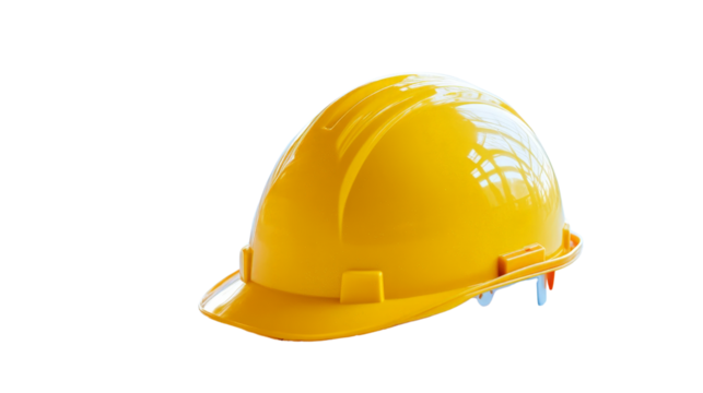A yellow hard hat resting on a blueprint with construction drawings, Transparent background, PNG file