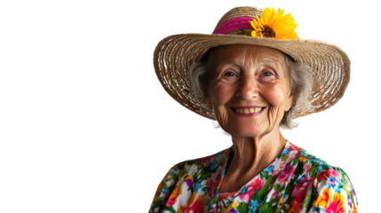 An elderly woman wearing a floral dress and a sun hat, smiling brightly, Transparent background, PNG file