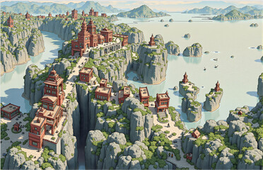 Fototapeta premium Scenic Red Buildings amidst Mountains and Waters