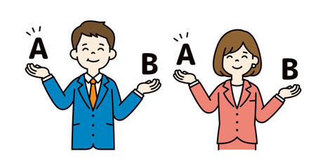 どちらか比較して選ぶ、ビジネスマンのシンプルなベクターイラスト素材＿男女セット＿カラー