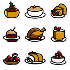 Clean outline icon set of classic Christmas foods like turkey pudding pie cranberry sauce for festive menus