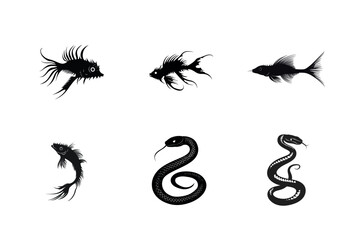 Obraz premium Stylized fish and snake silhouettes set