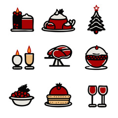 Clean outline icon set of classic Christmas foods like turkey pudding pie cranberry sauce for festive menus