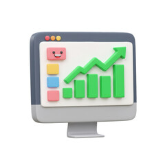 3D computer monitor with colorful bar graph, upward trend arrow and UI icons for business analytics or performance review isolated on a transparent background, png, cutout