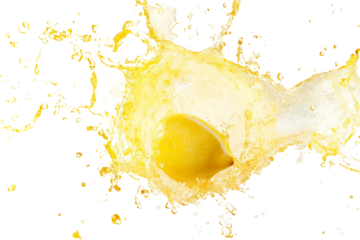 explosion of splash yellow water with Lemon wedge float in the air at center isolated on transparent background