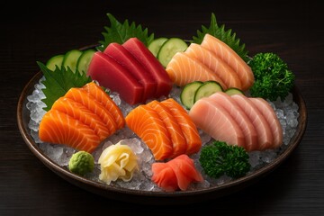 Sashimi Platter with Tuna, Salmon, and Yellowtail on Ice with Garnishes