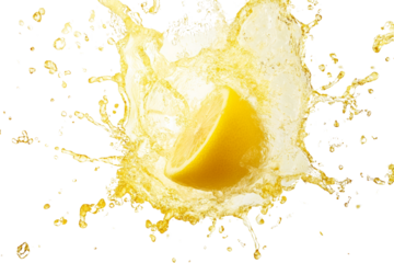 explosion of splash yellow water with Lemon wedge float in the air at center isolated on transparent background