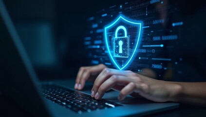 Close-up of hands typing on a laptop with a glowing shield and lock icon, symbolizing online security, privacy, and data protection in digital environments