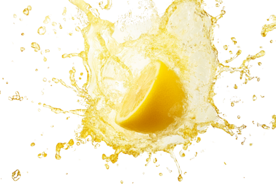 explosion of splash yellow water with Lemon wedge float in the air at center isolated on transparent background