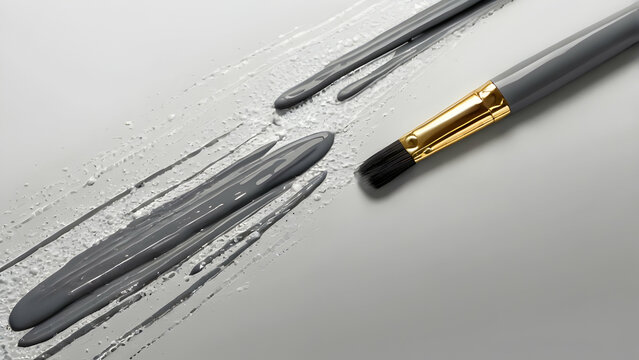 Paintbrushes are painting grey black stripes splashes and smears of paint, creating a vibrant contrast showcasing a creative painting process