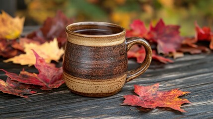 Autumnal mug of tea, surrounded by colorful leaves on a dark wooden surface