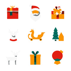 Flat design Christmas icons set featuring Santa Claus reindeer sleigh gifts with bold colors and clean lines for festive design projects