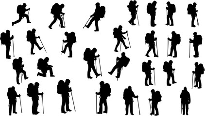 Big set of mountaineer climber hiker people, vector silhouette collection
