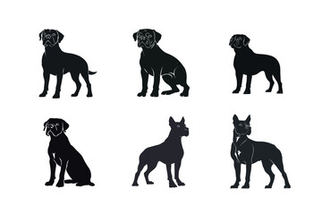 Six silhouettes of cane corso dogs in different poses