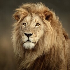 Obraz premium Majestic lion gazes into the distance, surrounded by soft earthy tones in the wild at sunset