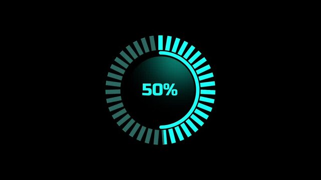 A high-tech circular percentage tracker with evenly spaced bars, styled for futuristic digital dashboards or interactive sci-fi loading visuals