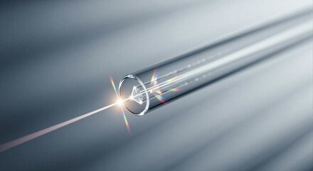 Fiber optic cable with light traveling through it. Data transmission technology concept. Telecommunication and internet connection.