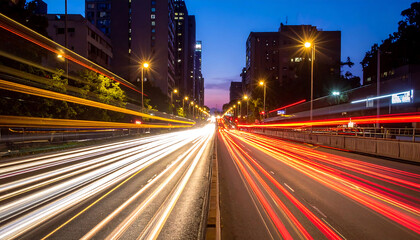 City lights streak across the urban landscape, blurred motion conveying speed and vibrant energy. Perfect for illustrating themes of technology, travel, or the fastpaced modern life.