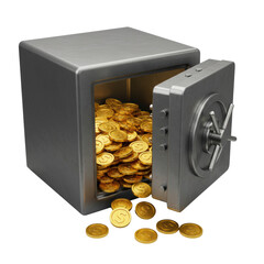 3D metal safe box opened with shiny gold coins and money scattered, symbol of wealth and savings isolated on a transparent background, png, cutout
