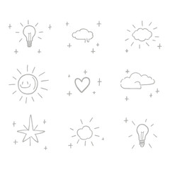 Cute simple doodle icon set vector silhouette Minimalist light grey outline small doodles of sun clouds hearts stars lightbulbs for web app design