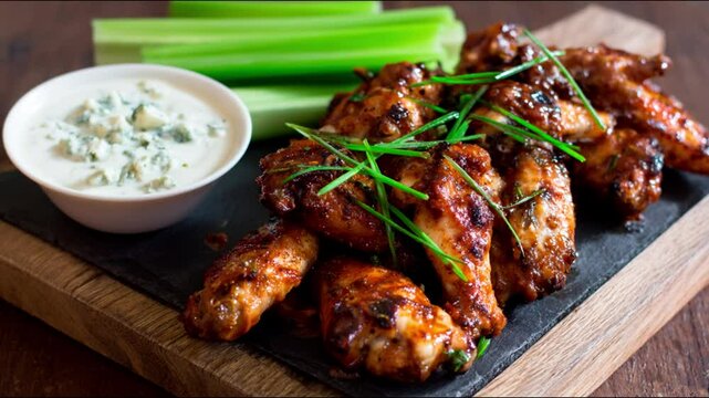 Delicious chicken wings with a side of dipping sauce and celery sticks, perfect for a culinary delight.