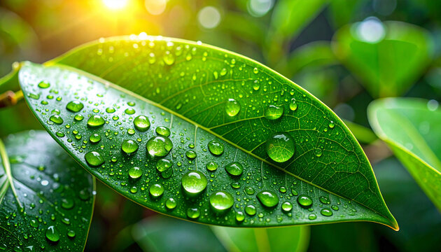 Una hoja de planta verde en el bosque mojada con gotas de agua de lluvia o de rocio del amanecer
