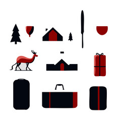 Minimalist holiday travel Christmas icons featuring sleigh suitcase snow capped cabin ski gear snowy mountain road
