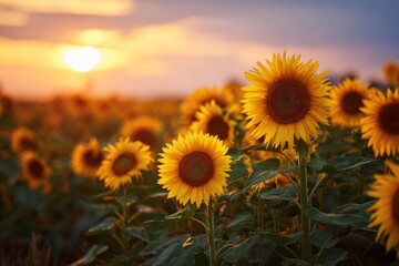 Obraz premium Sunflowers bloom under a vibrant sunset in a serene field during late summer