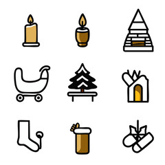 Christmas outline icons pack sleigh candle Santa hat fireplace and elf boots in simple line art for seasonal UIUX designs
