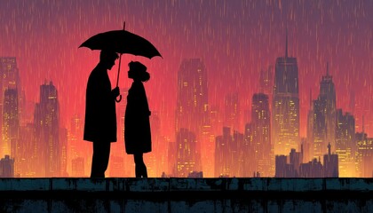 Romantic silhouette of a couple under an umbrella in the rain against a vibrant city skyline during sunset, evoking love and connection in urban life